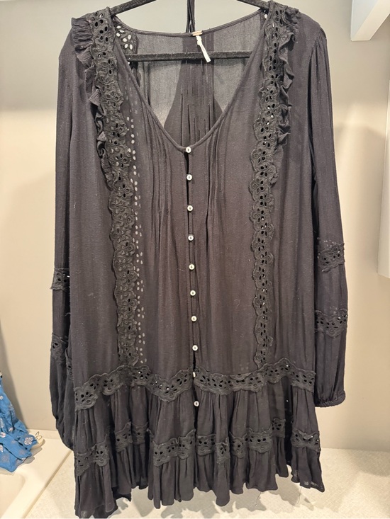 Free People Dresses & Skirts - Free People Black Lace-Trim Button Front Women's Long Sleeve Dress with Slip